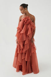 Kiremit Rengi Çiçek Aksesuarlı Maxi Elbise Zalle